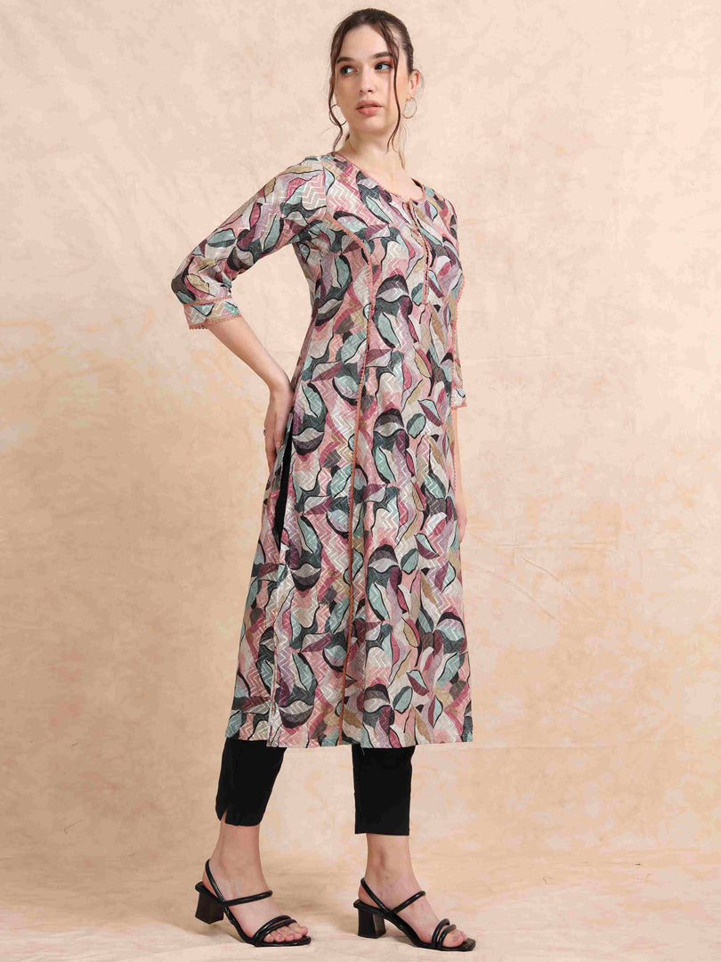 Multi Floral Digital Print with Lace work A-line Kurti