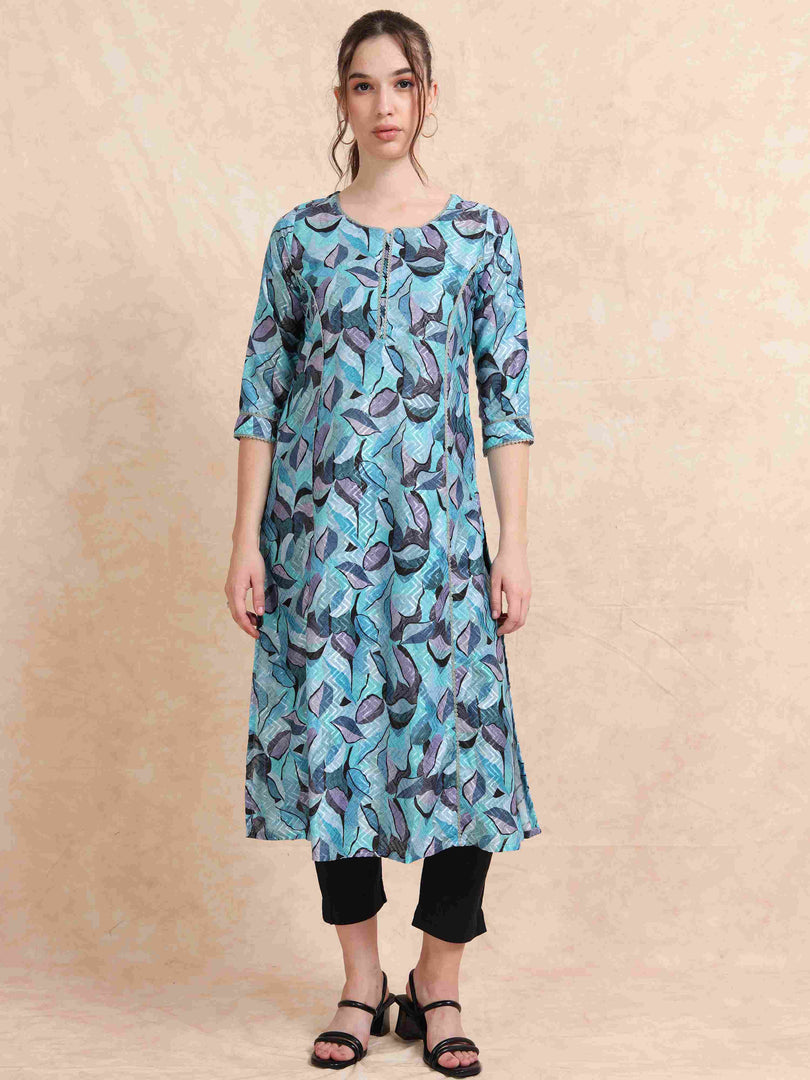 Peacock Blue Floral Digital Print with Lace work A-line Kurti