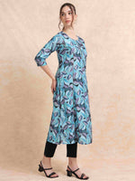 Load image into Gallery viewer, Peacock Blue Floral Digital Print with Lace work A-line Kurti
