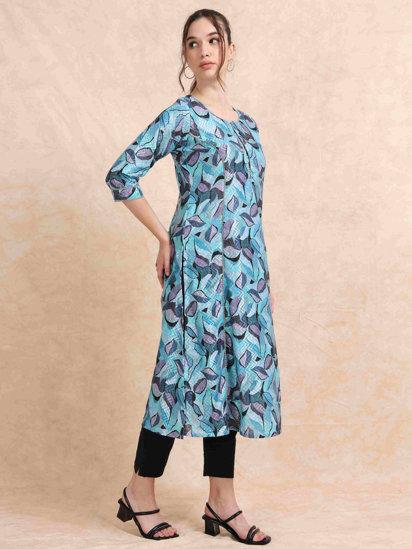 Peacock Blue Floral Digital Print with Lace work A-line Kurti