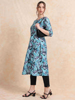 Load image into Gallery viewer, Peacock Blue Floral Digital Print with Lace work A-line Kurti
