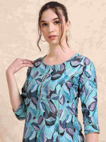 Load image into Gallery viewer, Peacock Blue Floral Digital Print with Lace work A-line Kurti
