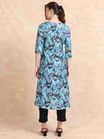 Load image into Gallery viewer, Peacock Blue Floral Digital Print with Lace work A-line Kurti
