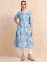 Load image into Gallery viewer, Blue Grey Floral Digital Print with Lace work A-line Kurti
