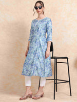 Load image into Gallery viewer, Blue Grey Floral Digital Print with Lace work A-line Kurti
