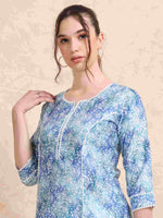 Load image into Gallery viewer, Blue Grey Floral Digital Print with Lace work A-line Kurti
