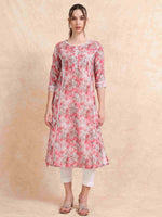 Load image into Gallery viewer, Pink Floral Digital Print with Lace work A-line Kurti
