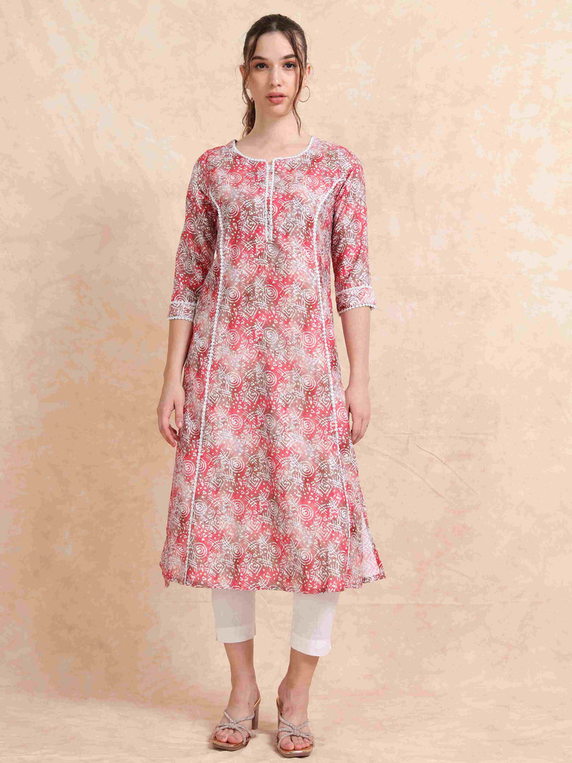 Pink Floral Digital Print with Lace work A-line Kurti