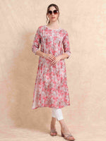 Load image into Gallery viewer, Pink Floral Digital Print with Lace work A-line Kurti
