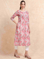 Load image into Gallery viewer, Pink Floral Digital Print with Lace work A-line Kurti
