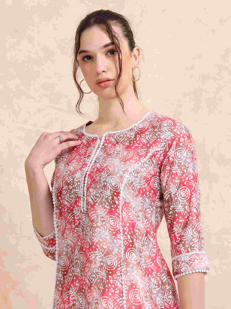 Pink Floral Digital Print with Lace work A-line Kurti