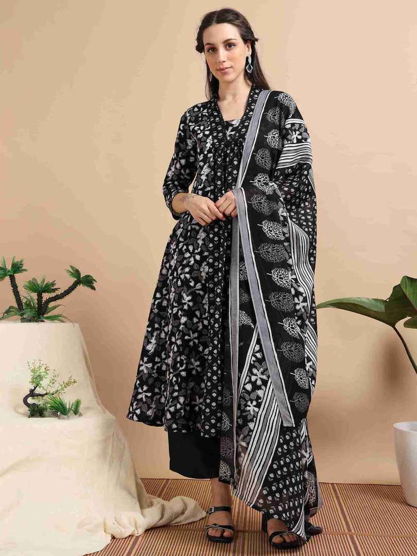 Black & White Block Print Cotton Anarkali Kurta, Solid Pants & Printed Dupatta Set