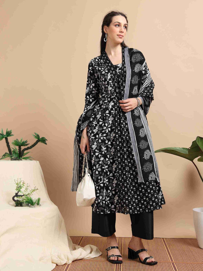 Black & White Block Print Cotton Anarkali Kurta, Solid Pants & Printed Dupatta Set