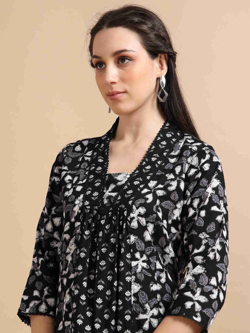 Black & White Block Print Cotton Anarkali Kurta, Solid Pants & Printed Dupatta Set