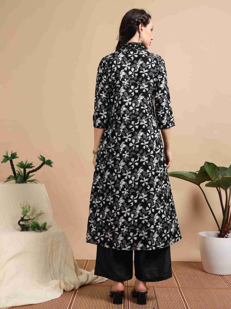 Black & White Block Print Cotton Anarkali Kurta, Solid Pants & Printed Dupatta Set
