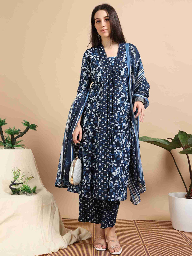 Cobalt Blue Block Print Cotton Anarkali Kurta, Solid Pants & Printed Dupatta Set