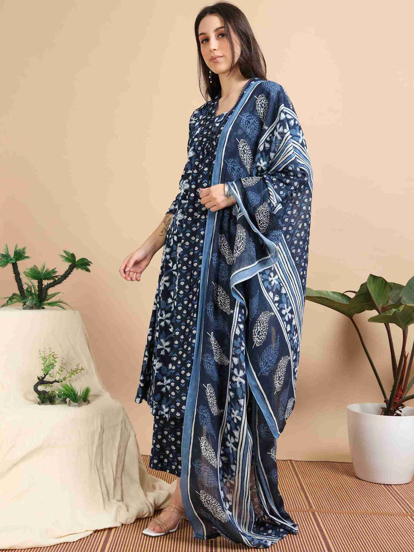 Cobalt Blue Block Print Cotton Anarkali Kurta, Solid Pants & Printed Dupatta Set