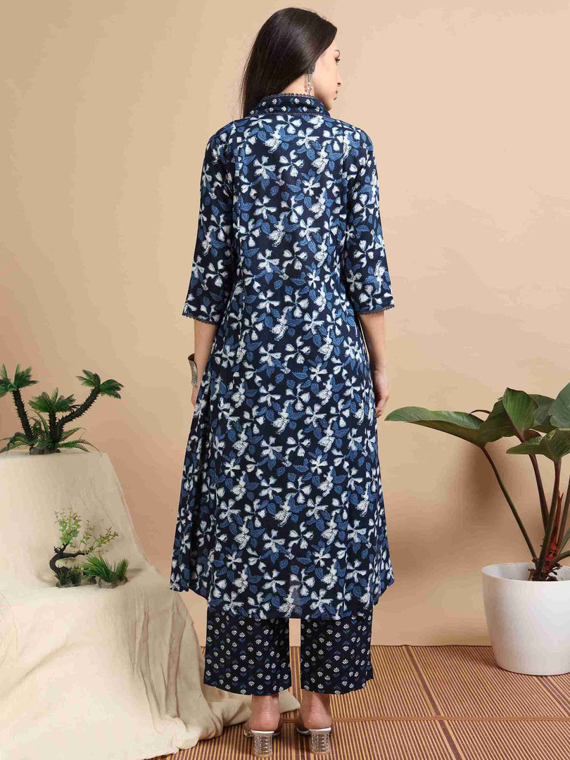 Cobalt Blue Block Print Cotton Anarkali Kurta, Solid Pants & Printed Dupatta Set