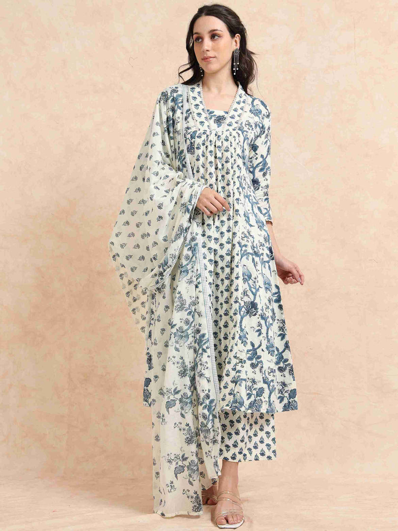 Ivory & Blue Floral Block Print Cotton Anarkali Kurta, Solid Pants & Printed Dupatta Set
