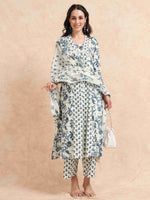 Load image into Gallery viewer, Ivory &amp; Blue Floral Block Print Cotton Anarkali Kurta, Solid Pants &amp; Printed Dupatta Set
