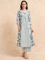 Load image into Gallery viewer, Ivory &amp; Blue Floral Block Print Cotton Anarkali Kurta, Solid Pants &amp; Printed Dupatta Set
