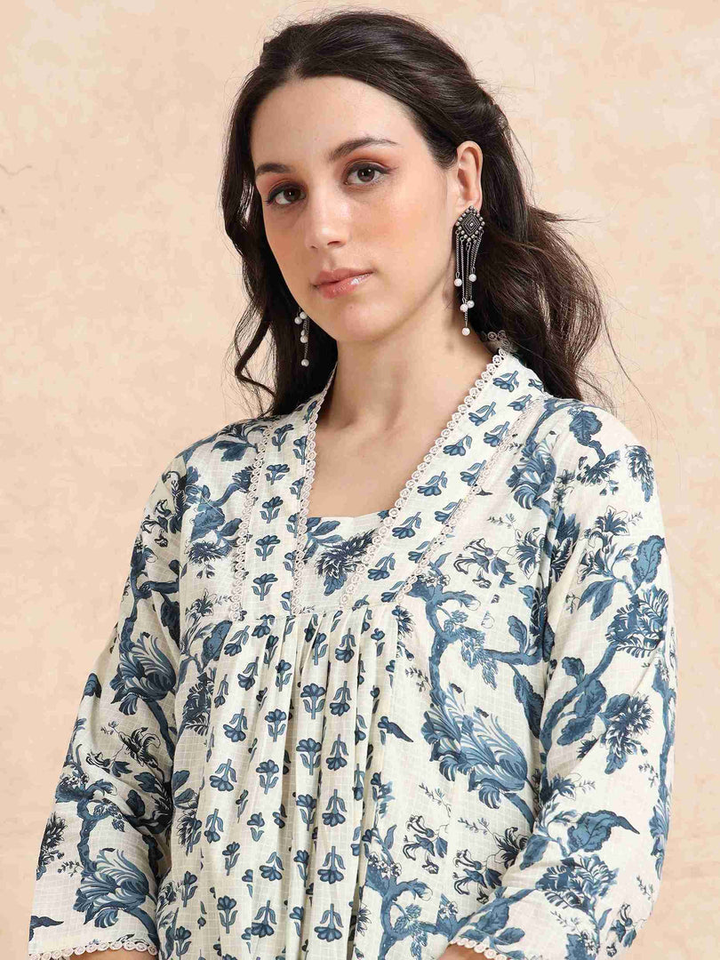 Ivory & Blue Floral Block Print Cotton Anarkali Kurta, Solid Pants & Printed Dupatta Set