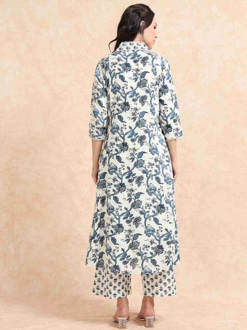 Ivory & Blue Floral Block Print Cotton Anarkali Kurta, Solid Pants & Printed Dupatta Set