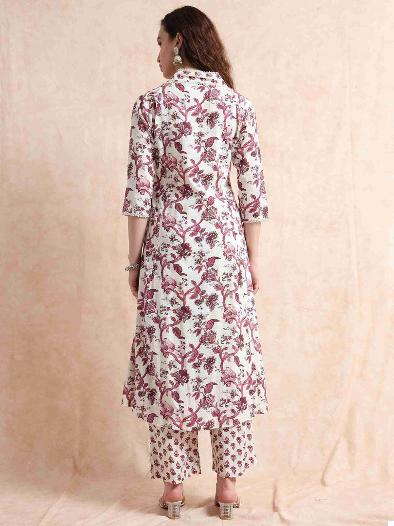 Ivory & Maroon Floral Block Print Cotton Anarkali Kurta, Solid Pants & Printed Dupatta Set