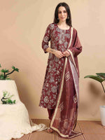 Load image into Gallery viewer, Maroon Vatican Shimmer Floral Printed Anarkali Kurta, Solid Pants &amp; Printed Dupatta Set
