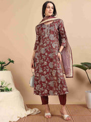 Maroon Vatican Shimmer Floral Printed Anarkali Kurta, Solid Pants & Printed Dupatta Set