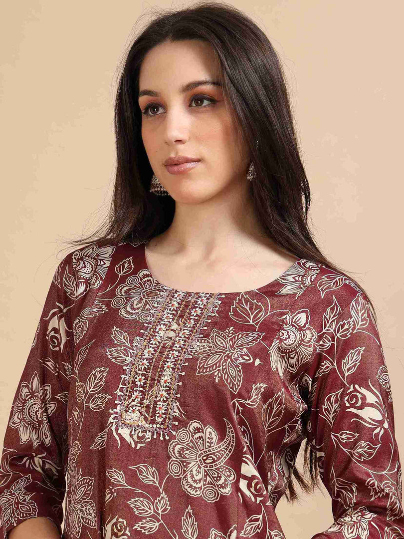 Maroon Vatican Shimmer Floral Printed Anarkali Kurta, Solid Pants & Printed Dupatta Set