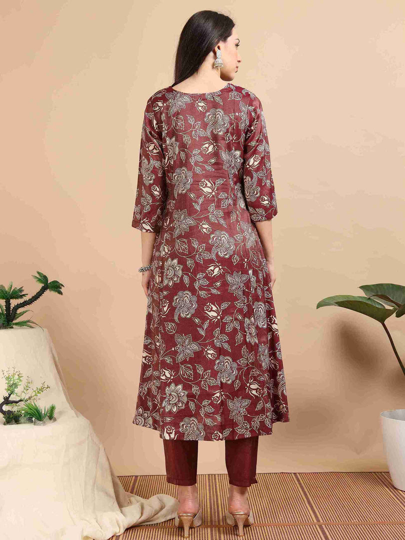 Maroon Vatican Shimmer Floral Printed Anarkali Kurta, Solid Pants & Printed Dupatta Set