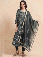 Load image into Gallery viewer, Dark Green Vatican Shimmer Floral Printed Anarkali Kurta, Solid Pants &amp; Printed Dupatta Set
