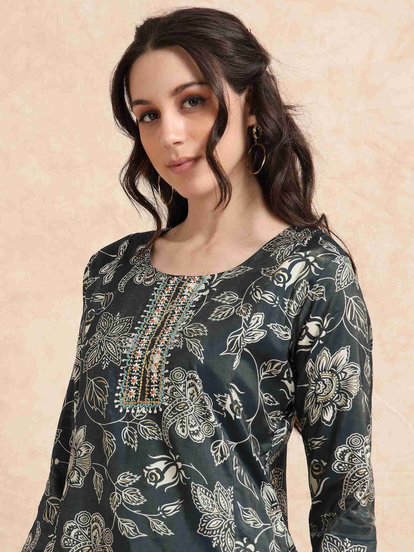 Dark Green Vatican Shimmer Floral Printed Anarkali Kurta, Solid Pants & Printed Dupatta Set