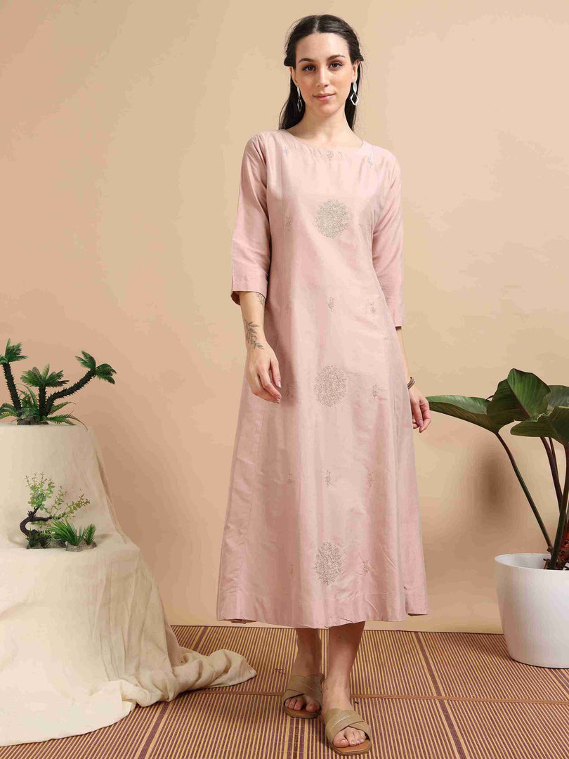 Blush Pink Cherry Silk Solid Embroidered A-Line Kurti