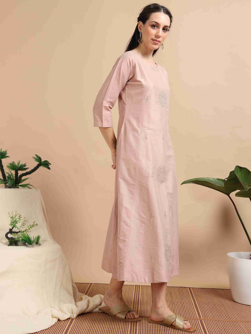 Blush Pink Cherry Silk Solid Embroidered A-Line Kurti