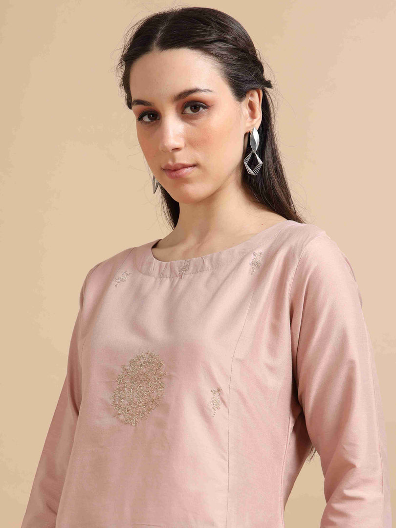 Blush Pink Cherry Silk Solid Embroidered A-Line Kurti