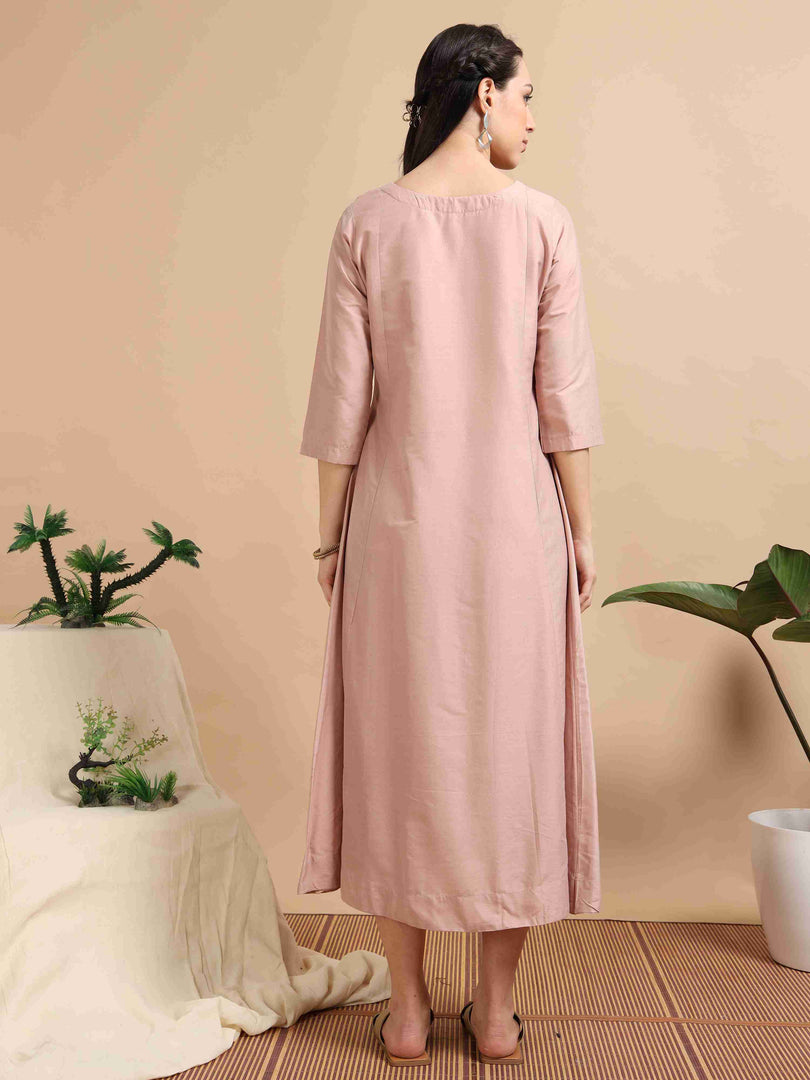Blush Pink Cherry Silk Solid Embroidered A-Line Kurti