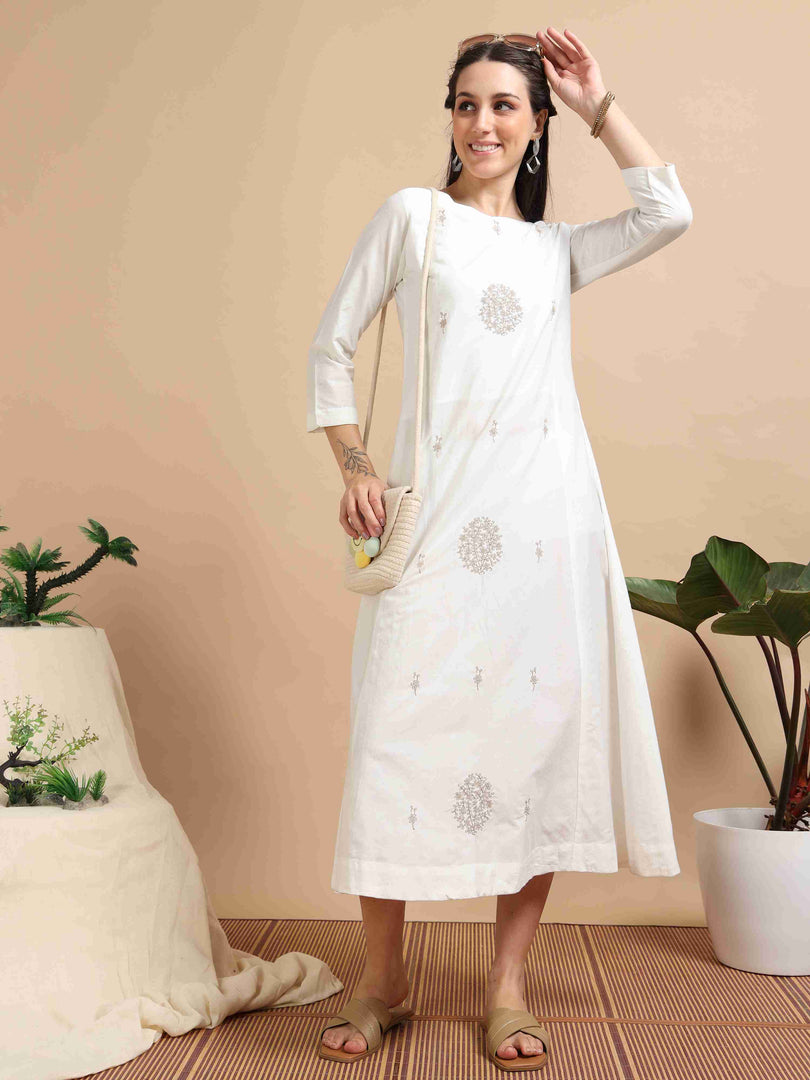 White Cherry Silk Solid Embroidered A-Line Kurti