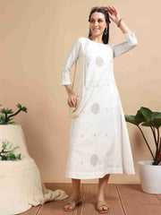 White Cherry Silk Solid Embroidered A-Line Kurti