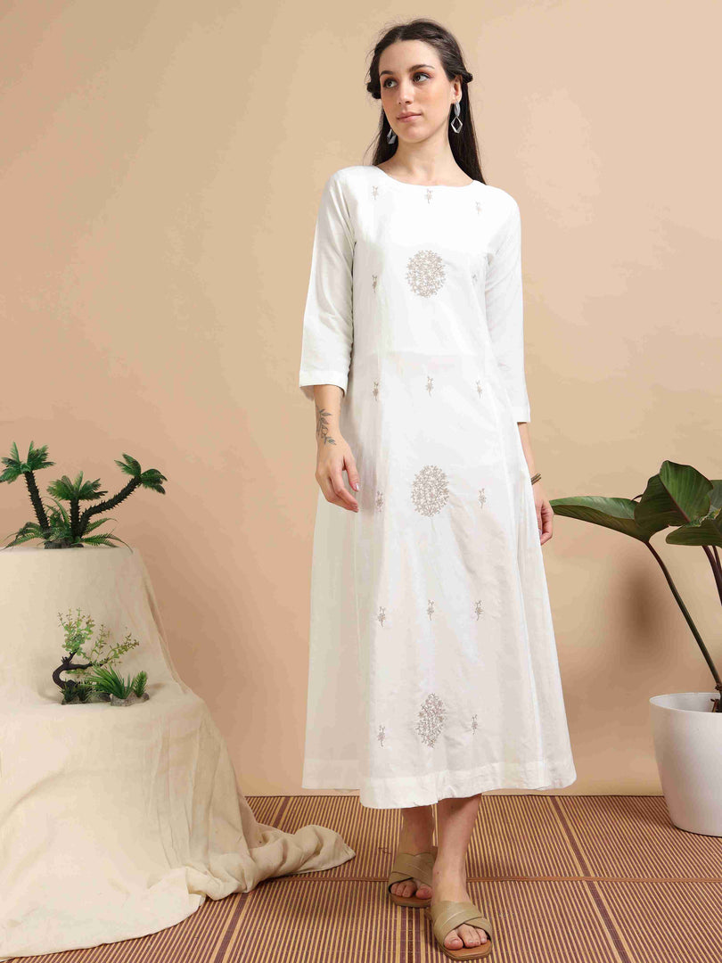 White Cherry Silk Solid Embroidered A-Line Kurti