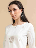 Load image into Gallery viewer, White Cherry Silk Solid Embroidered A-Line Kurti