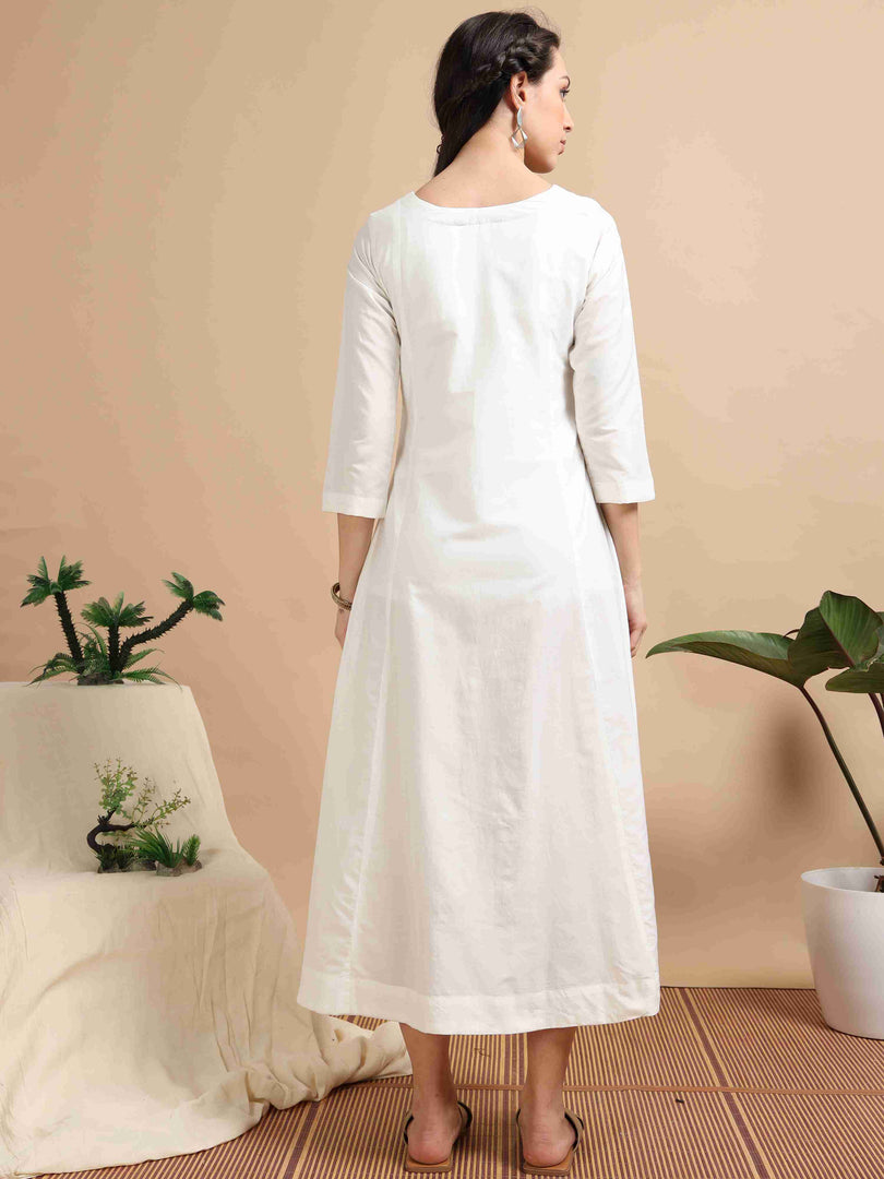 White Cherry Silk Solid Embroidered A-Line Kurti