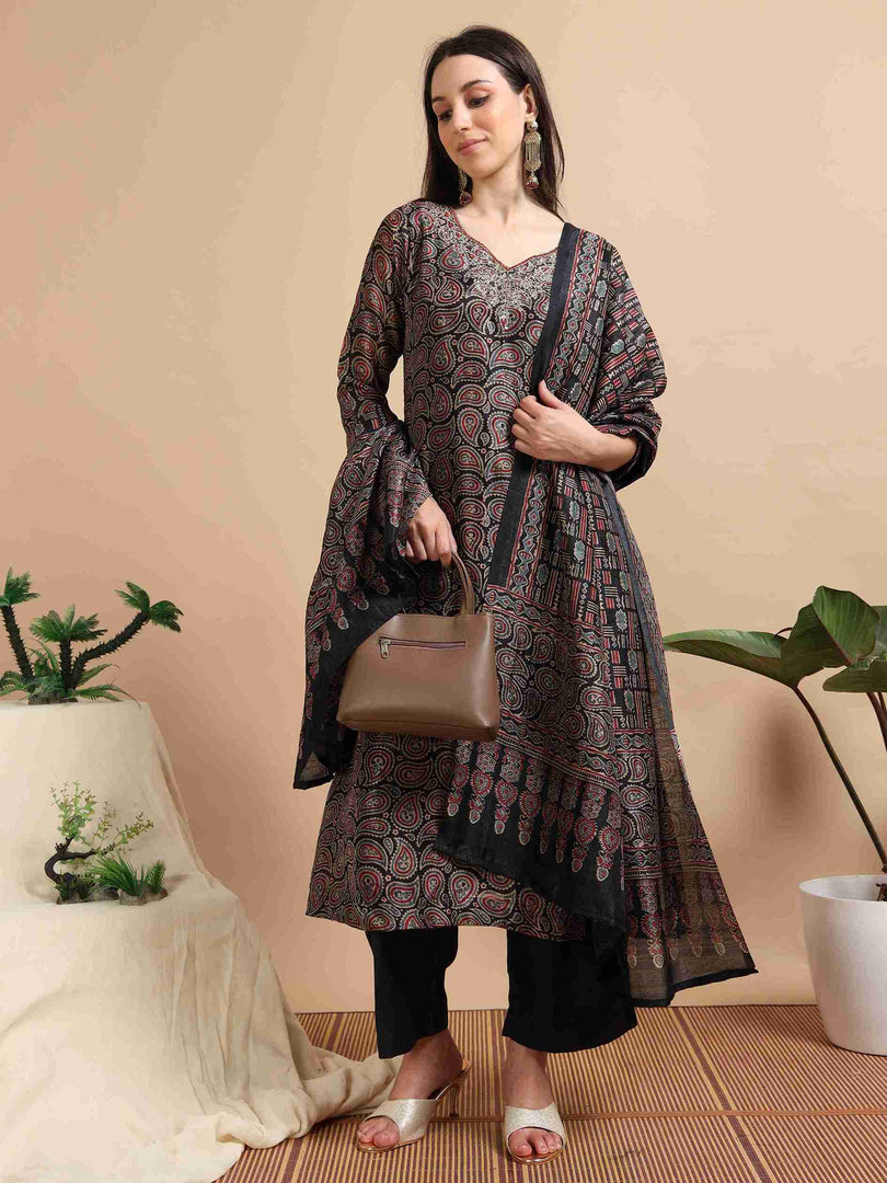 Black Digital Print Naps Silk Embroidered A-Line Kurti, Pants and Dupatta Set