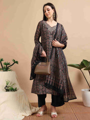 Black Digital Print Naps Silk Embroidered A-Line Kurti, Pants and Dupatta Set
