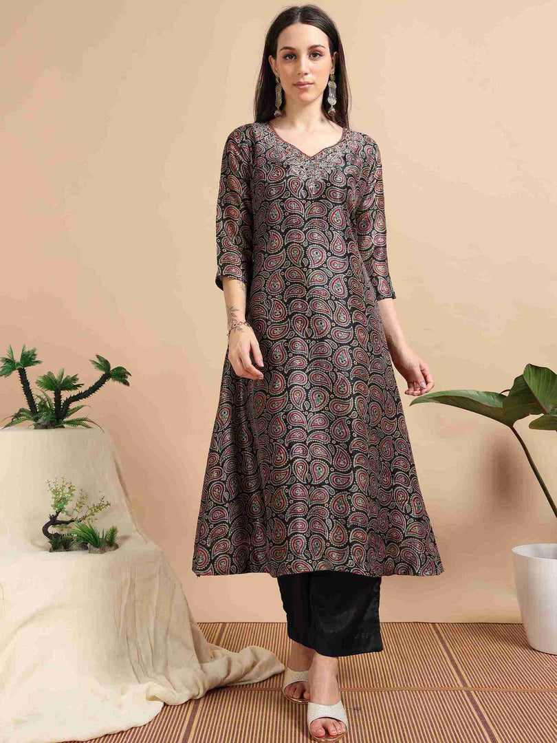 Black Digital Print Naps Silk Embroidered A-Line Kurti, Pants and Dupatta Set