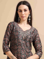Load image into Gallery viewer, Black Digital Print Naps Silk Embroidered A-Line Kurti, Pants and Dupatta Set