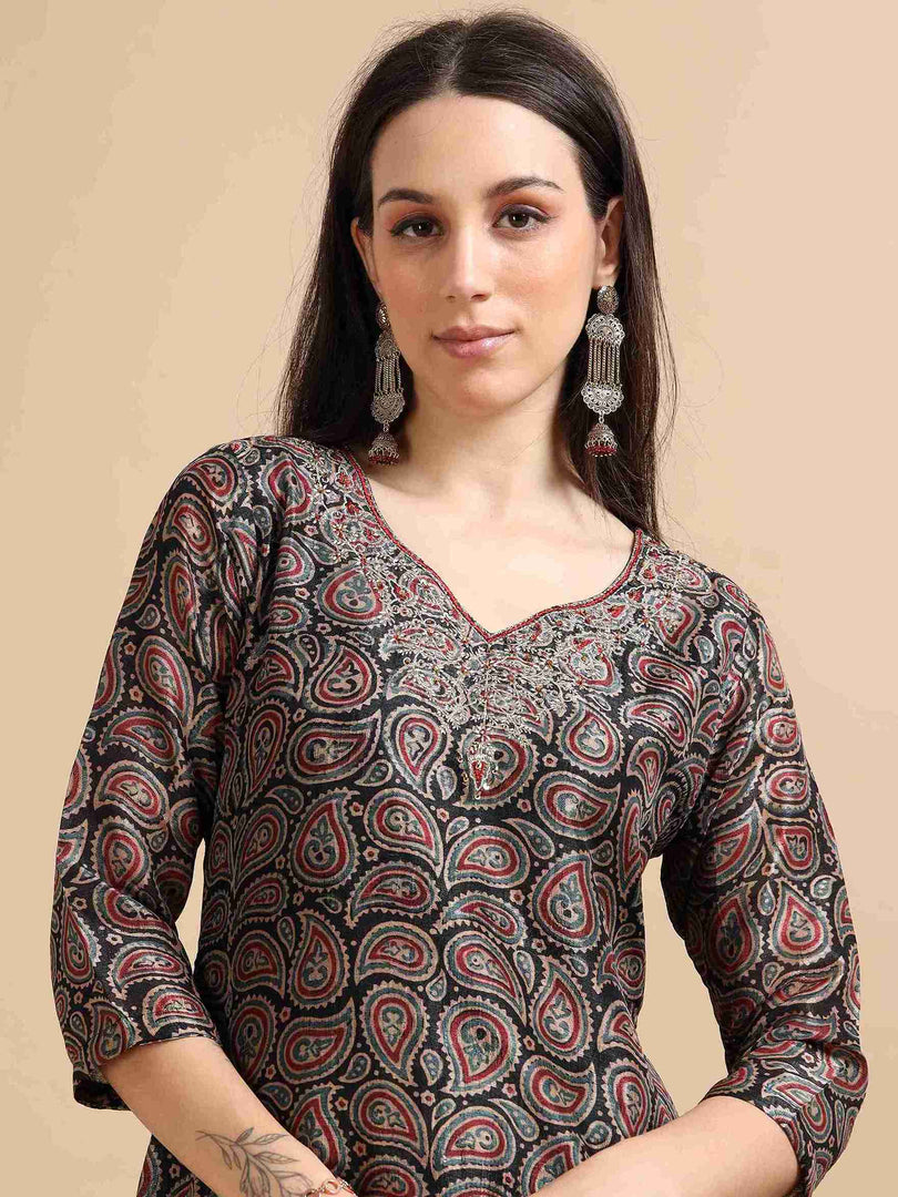 Black Digital Print Naps Silk Embroidered A-Line Kurti, Pants and Dupatta Set