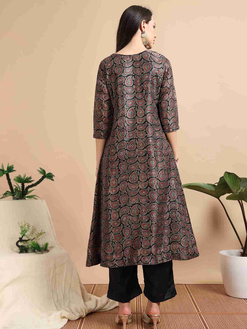 Black Digital Print Naps Silk Embroidered A-Line Kurti, Pants and Dupatta Set