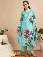 Load image into Gallery viewer, light turquoise Digital Printed Hand work Embroidered A-Line Kurti, Pant and Dupatta Set
